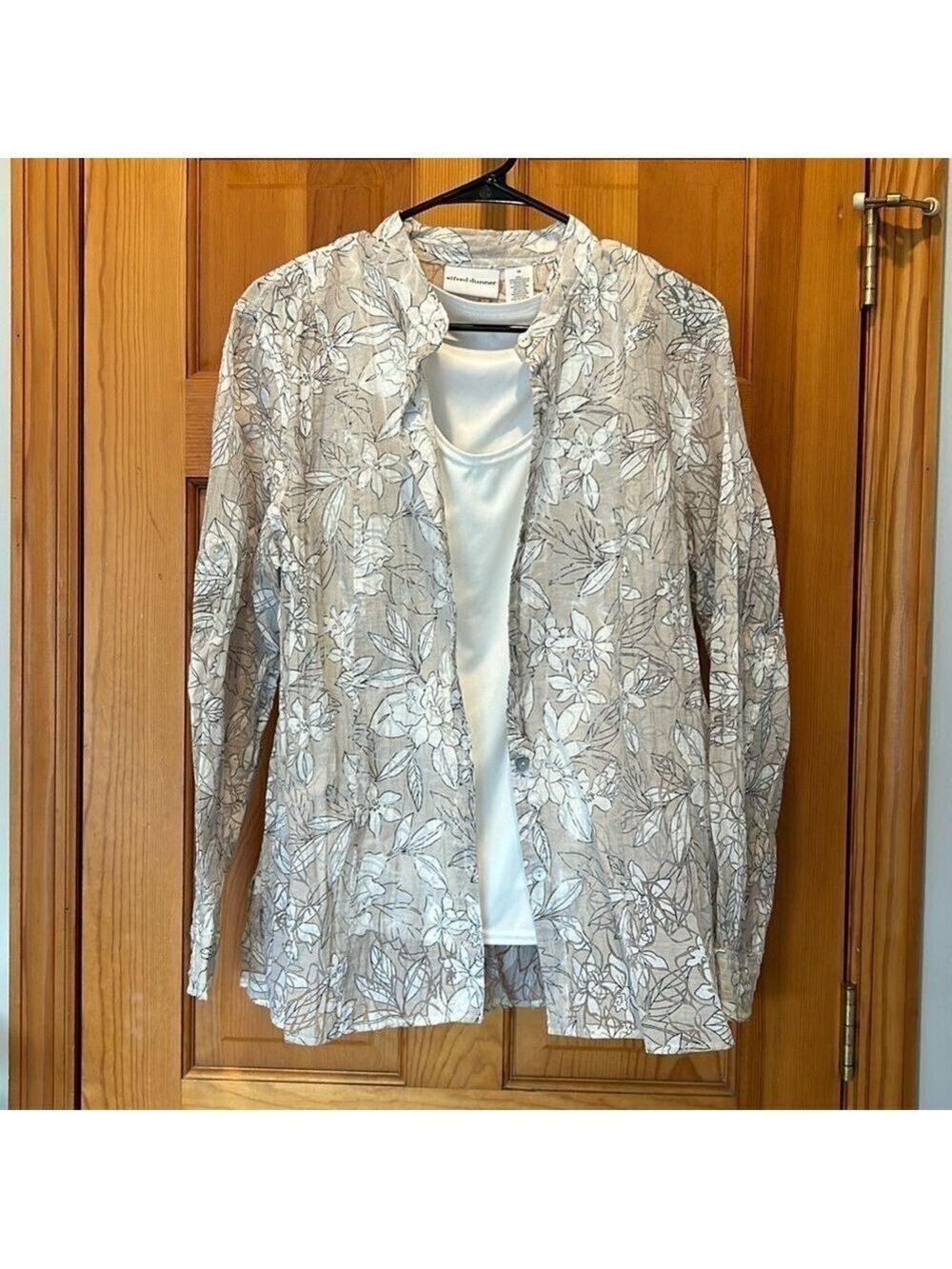 Alfred Dunner Sheer Beige/Grey Floral Button Up Blouse with White Tank Top - 14